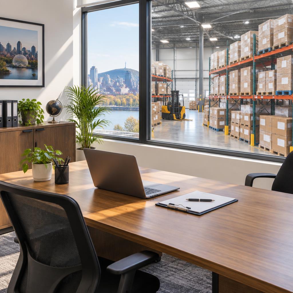 Ortona Distributions office overlooking the warehouse floor in Montreal