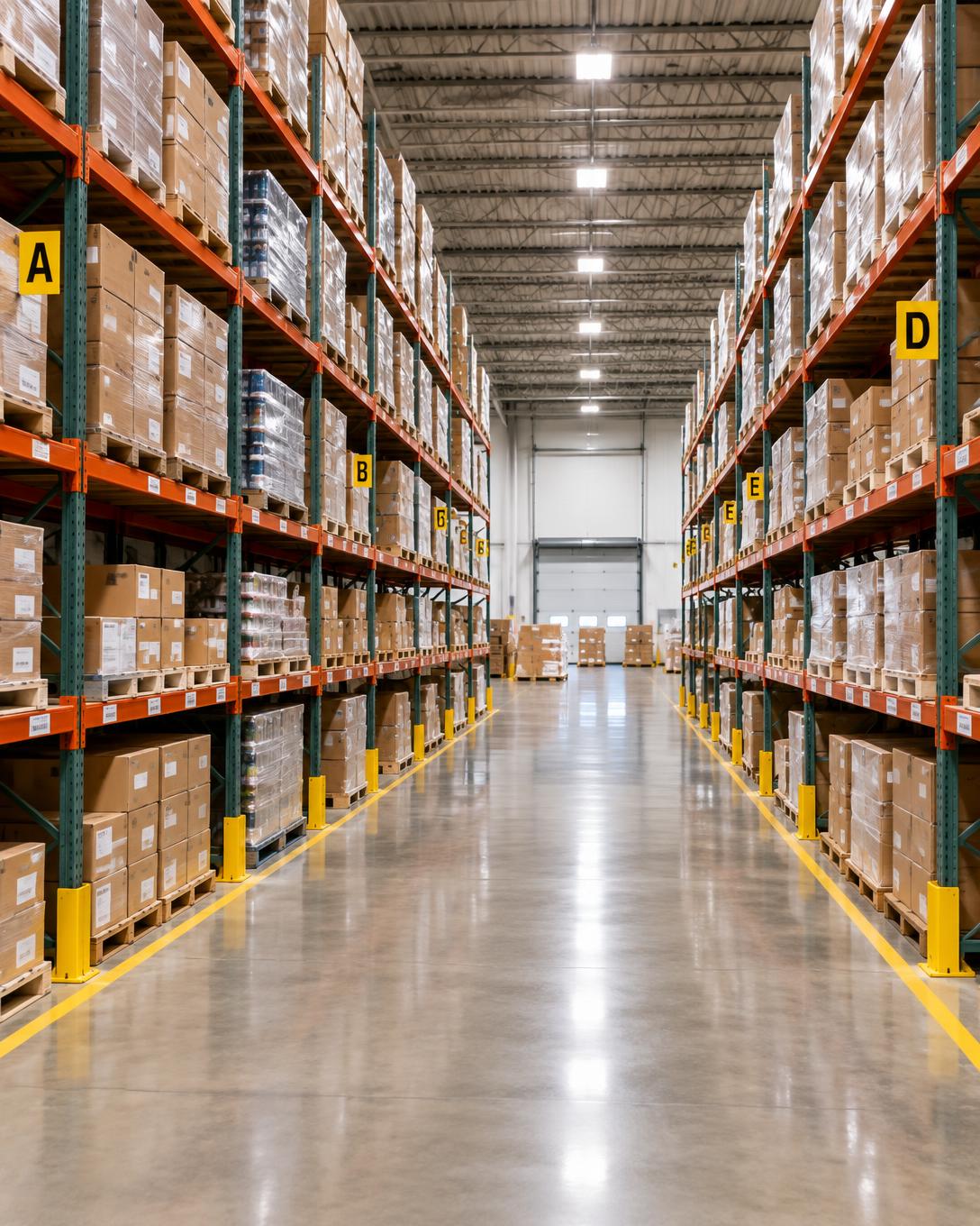Wholesale distribution warehouse aisle with labeled pallets and shelving
